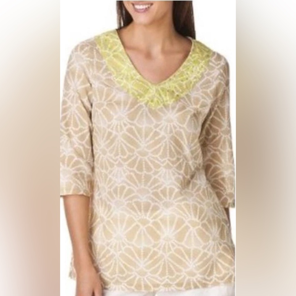 Calypso St. Barth x Target Embroidered Blouse Top Large L Tan White Green